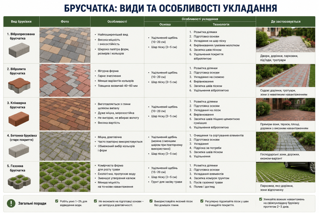 Інфографіка з порівнянням видів бруківки, особливостей укладання та сфер застосування.