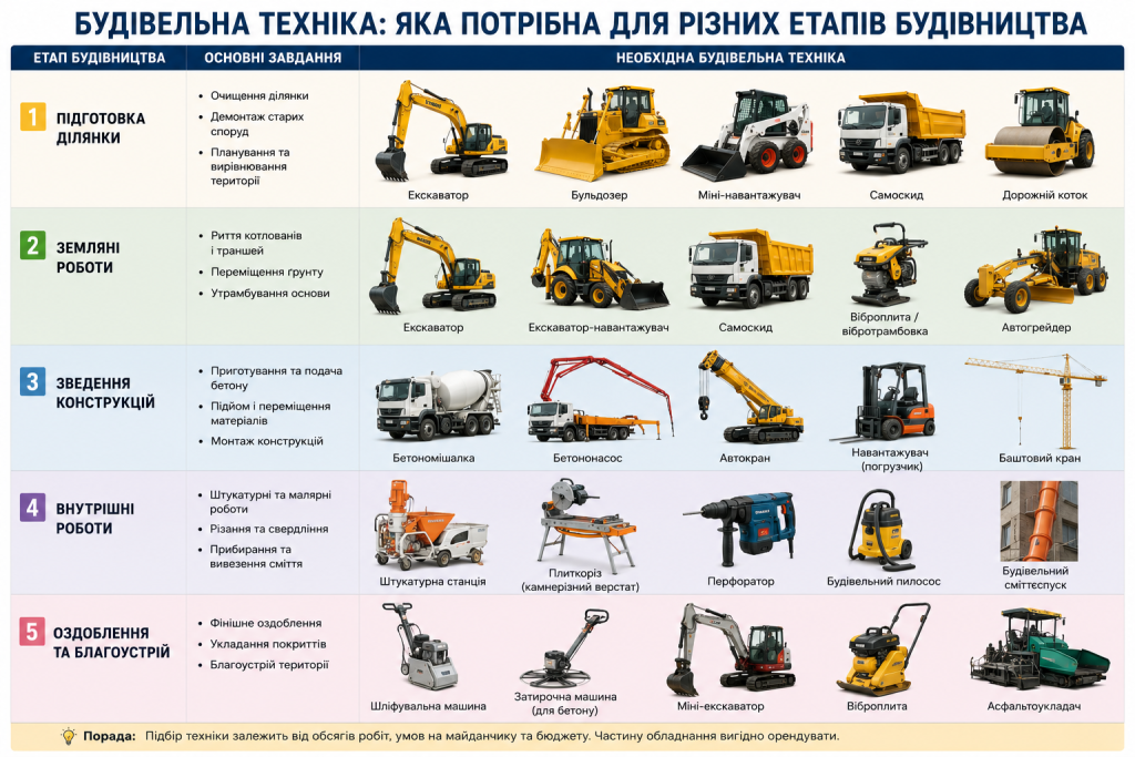 Таблиця з переліком будівельної техніки для п'яти етапів робіт — від підготовки ділянки до оздоблення