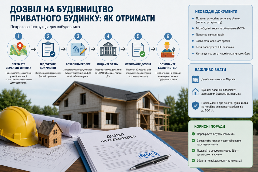Інфографіка з покроковою інструкцією отримання дозволу на будівництво та переліком необхідних документів