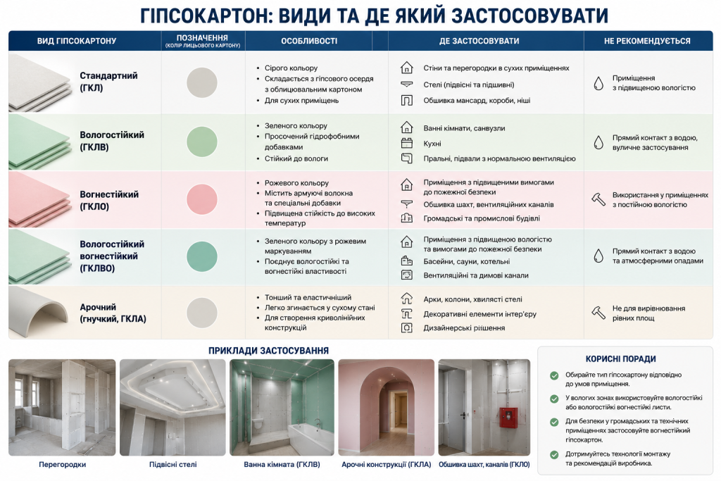 Таблиця з описом п'яти видів гіпсокартону та прикладами їх застосування в приміщеннях