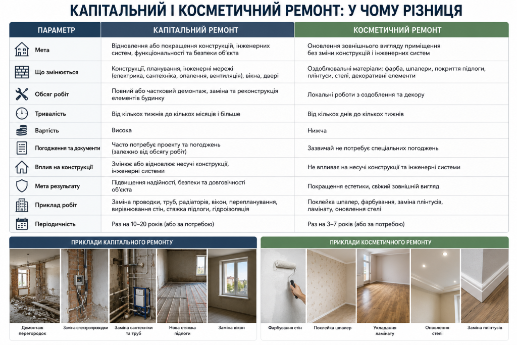 Таблиця порівняння капітального та косметичного ремонту з прикладами робіт для кожного виду