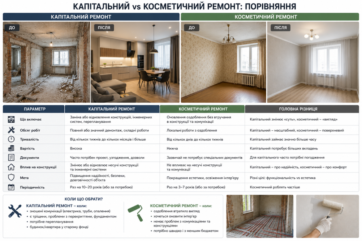 Фотографії приміщень до і після капітального та косметичного ремонту з порівняльною таблицею параметрів