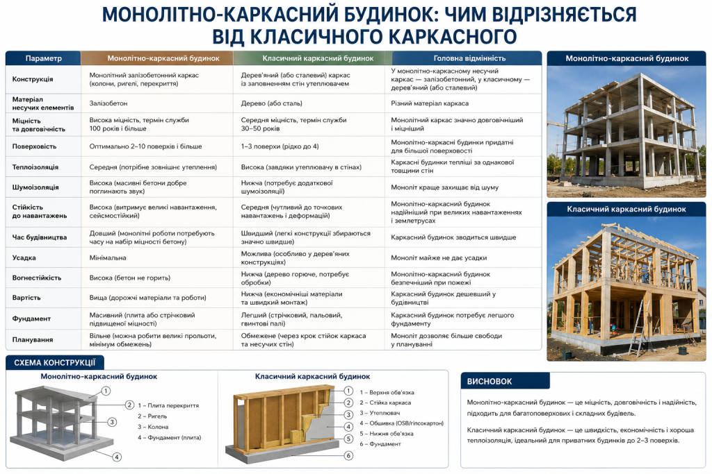 Таблиця порівняння монолітно-каркасного та класичного каркасного будинків із фото обох конструкцій