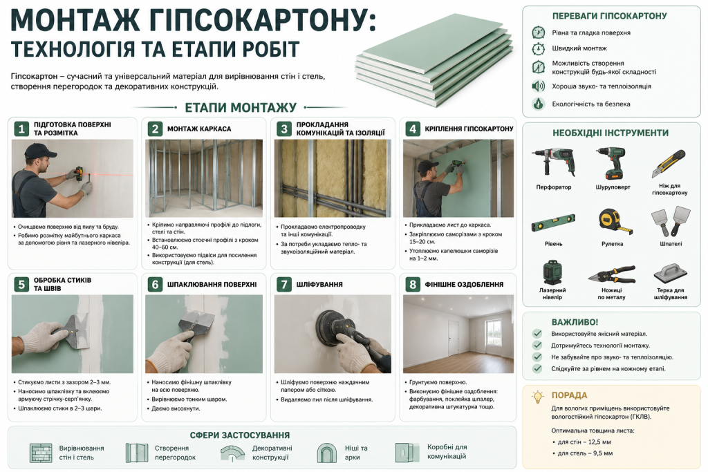 Інфографіка з покроковими етапами монтажу гіпсокартону та переліком необхідних інструментів.