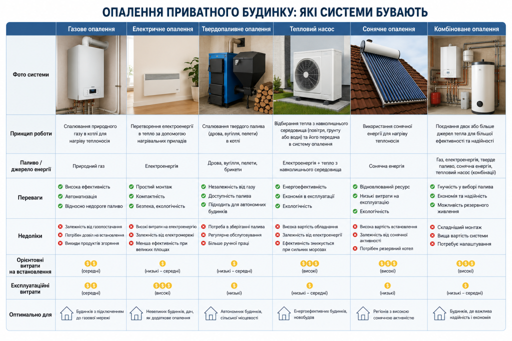 Таблиця з порівнянням шести систем опалення приватного будинку — газового, електричного, теплового насоса та інших