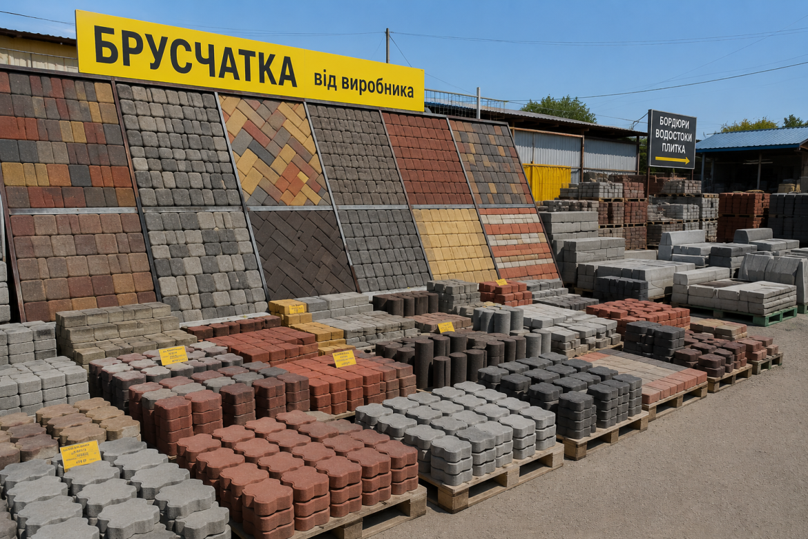 Виставковий майданчик із різними видами бруківки та тротуарної плитки від виробника.