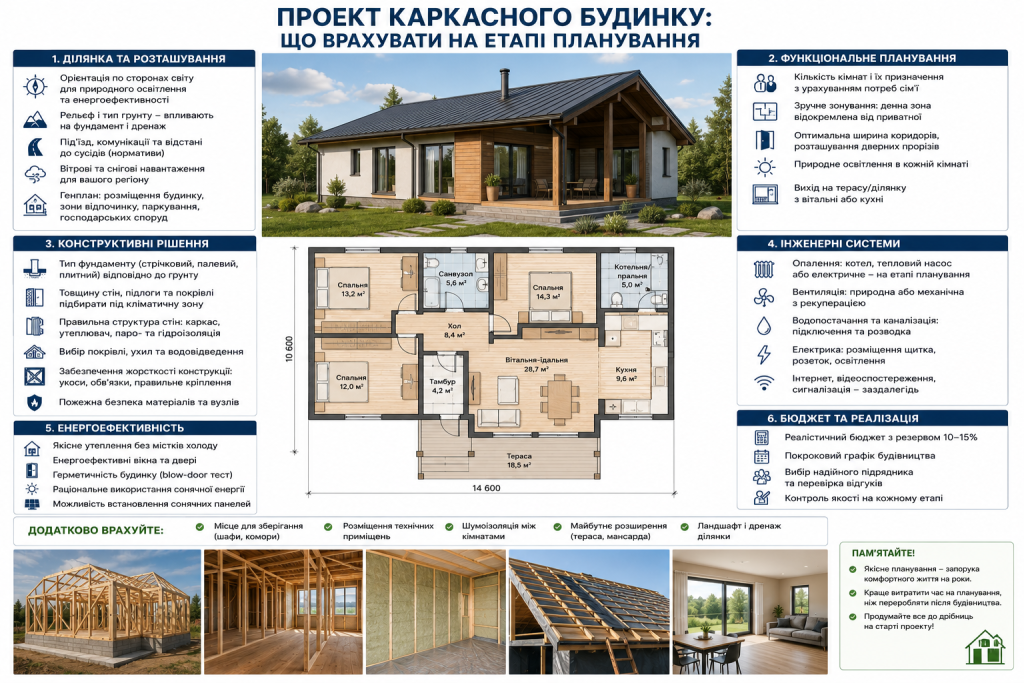 Інфографіка з планом каркасного будинку та рекомендаціями щодо ділянки, планування та інженерних систем