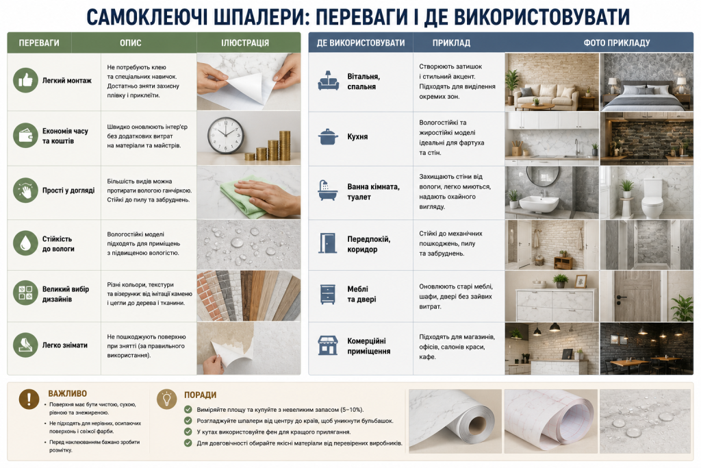 Інфографіка про переваги самоклеючих шпалер, сфери застосування та поради з монтажу.