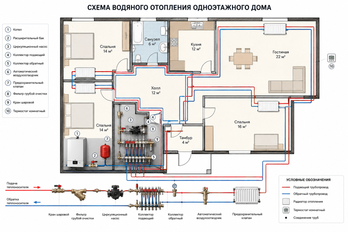 Детальний план поверху будинку з розведенням труб водяного опалення по кімнатах