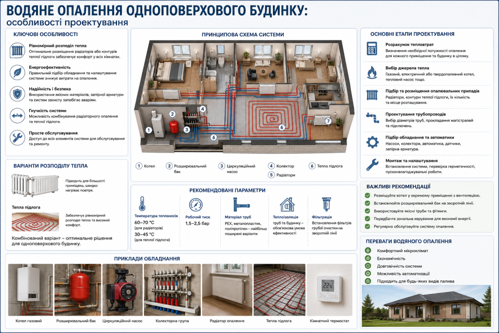 Інфографіка зі схемою водяного опалення будинку та рекомендаціями щодо проектування системи