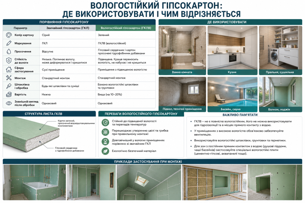 Інфографіка з порівнянням звичайного та вологостійкого гіпсокартону та прикладами приміщень для застосування