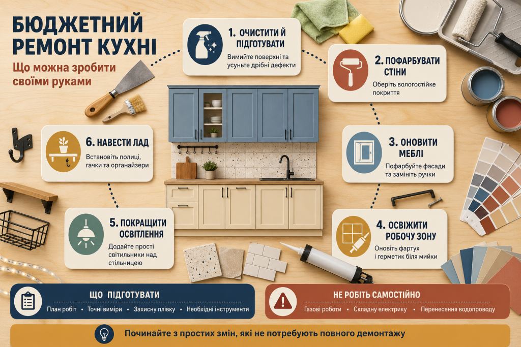 Інфографіка про бюджетний ремонт кухні своїми руками, фарбування стін і меблів, оновлення робочої зони, освітлення та організацію простору.