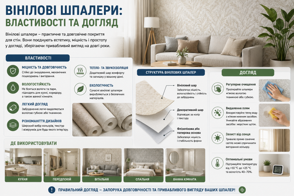 Інфографіка про властивості вінілових шпалер, їх структуру, використання в інтер'єрі та правила догляду.