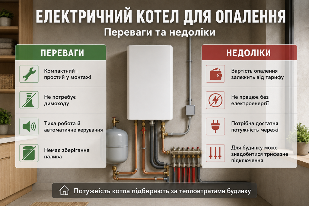 Інфографіка про електричний котел для опалення будинку, його переваги, недоліки та особливості підключення
