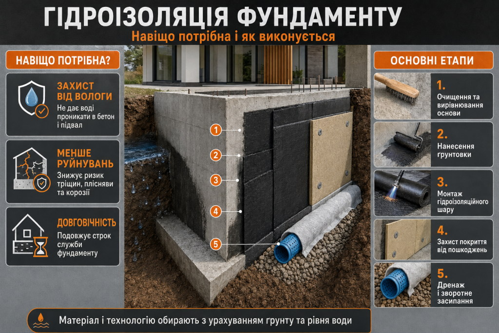Інфографіка про гідроізоляцію фундаменту, захист від вологи, основні етапи монтажу та дренаж