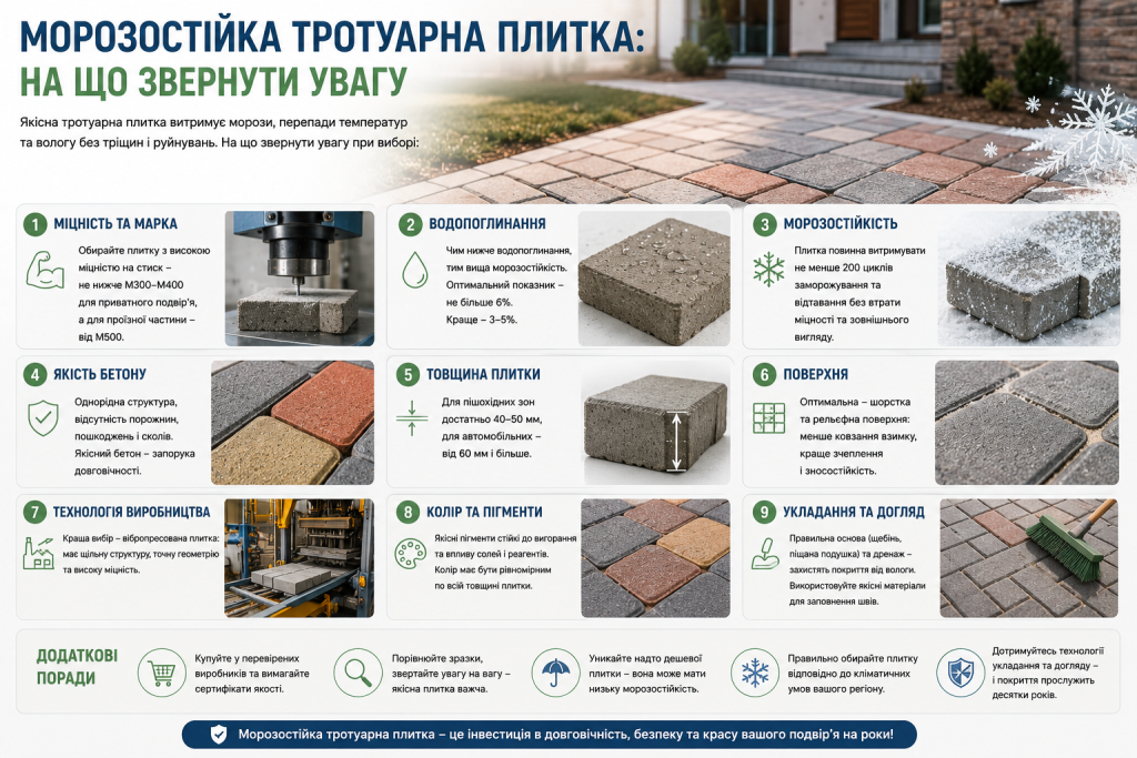Інфографіка про вибір морозостійкої тротуарної плитки, її міцність, водопоглинання, товщину, поверхню та технологію виробництва.