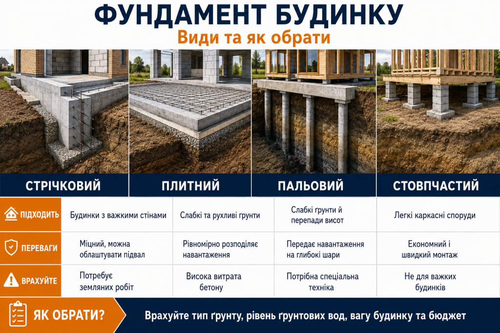 Інфографіка з порівнянням стрічкового, плитного, пальового та стовпчастого фундаментів для будинку