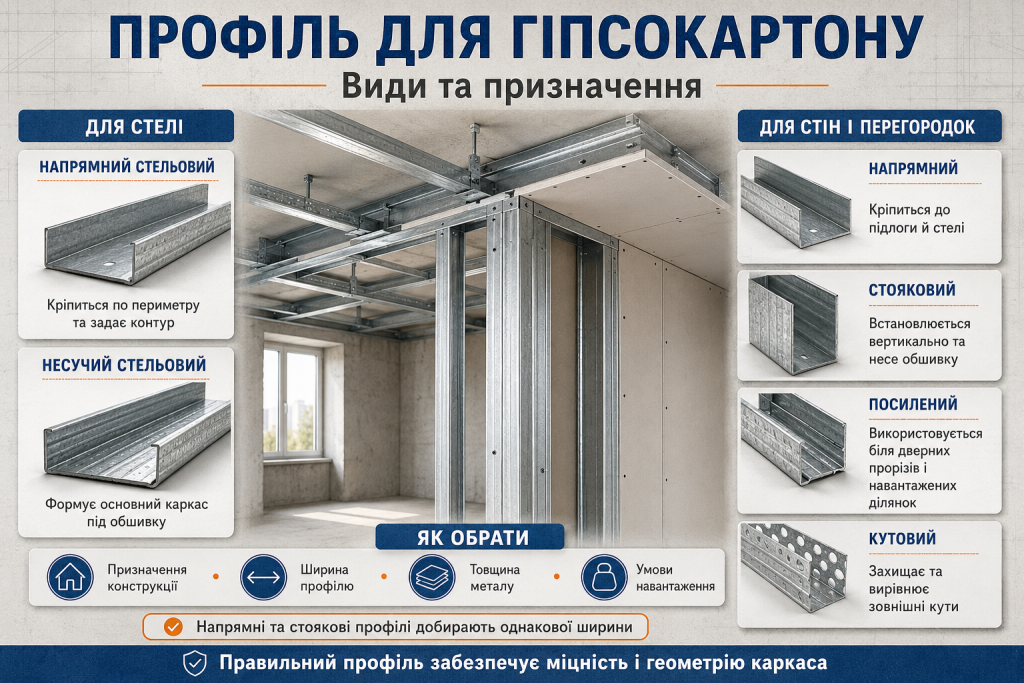 Інфографіка про види металевих профілів для гіпсокартону, стельові, напрямні, стоякові, посилені та кутові профілі й критерії вибору.