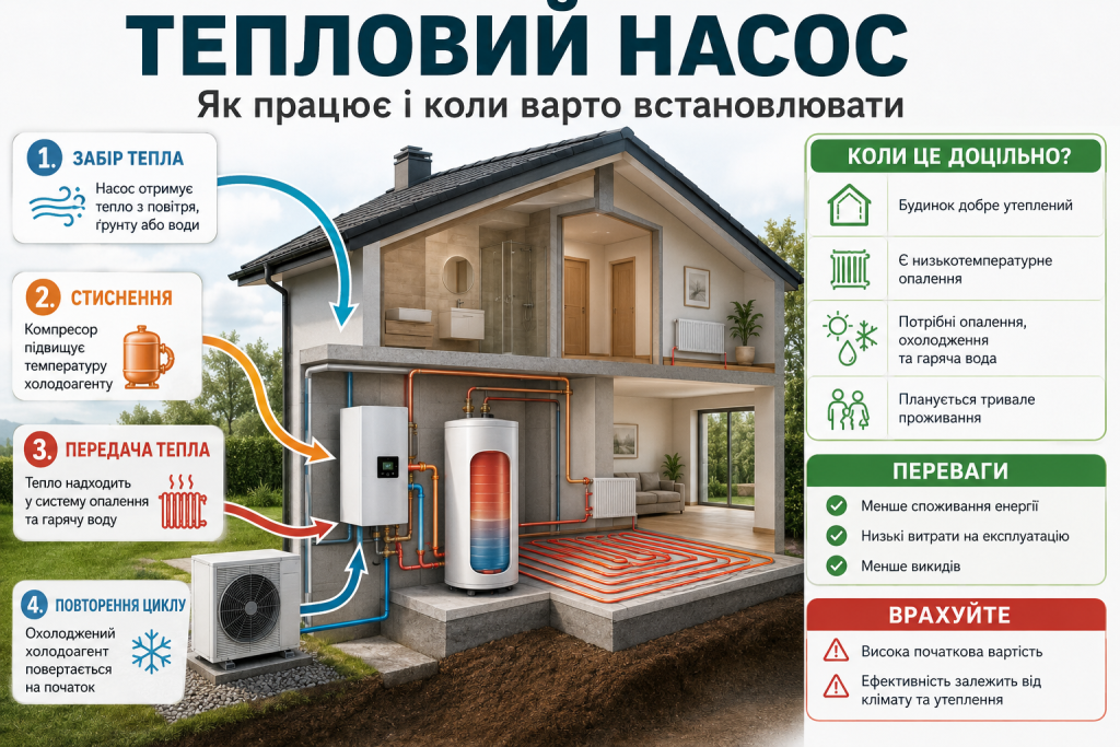 Інфографіка про принцип роботи теплового насоса, передачу тепла, переваги та умови встановлення