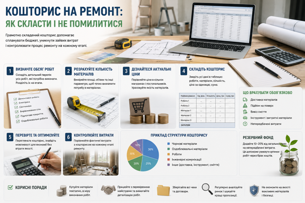 Інфографіка про складання кошторису на ремонт, розрахунок матеріалів, актуальних цін, витрат і резервного фонду.