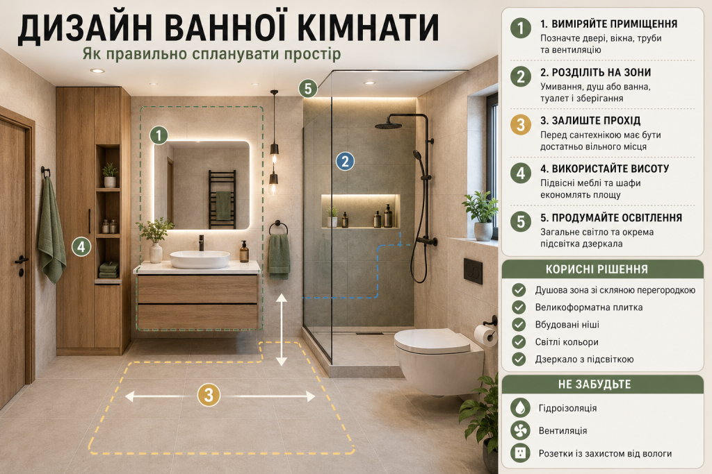 Інфографіка про планування ванної кімнати, розміщення сантехніки, меблів, освітлення та функціональних зон