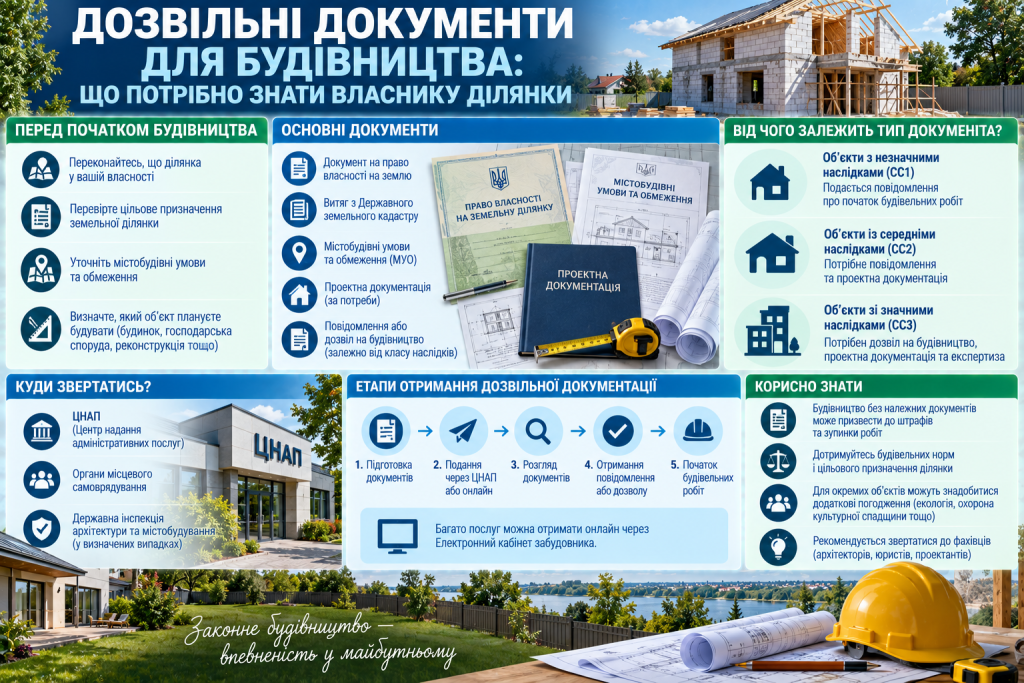 Інфографіка про основні дозвільні документи для будівництва приватного будинку, етапи оформлення та звернення до ЦНАП
